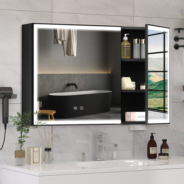 Wrought Studio Black Bathroom Mirror Cabinet with LED Lights, 2 Doors ...